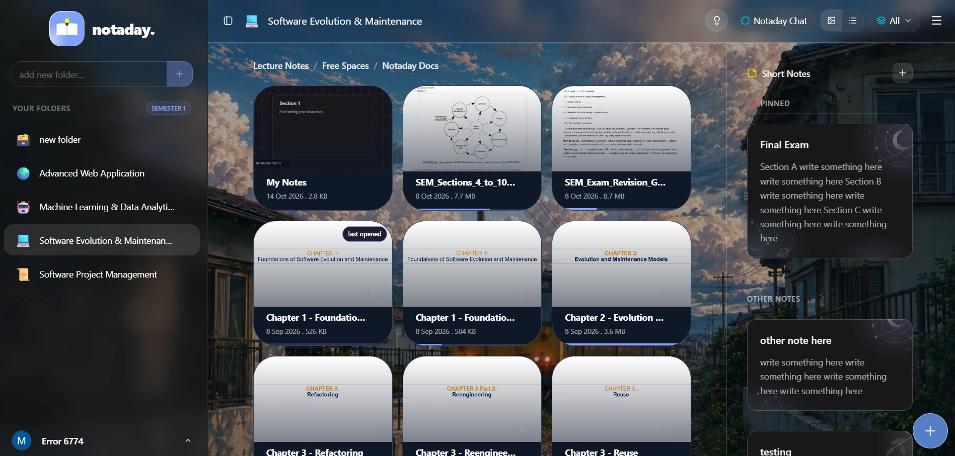Notaday dashboard with course materials, documents, and short notes
