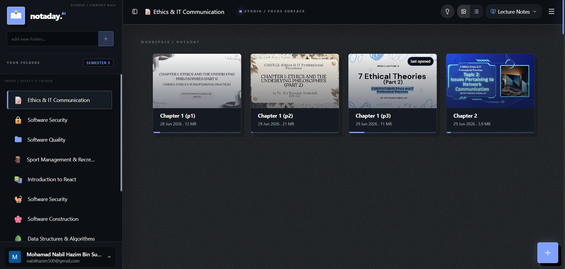 Notaday dashboard with course materials
