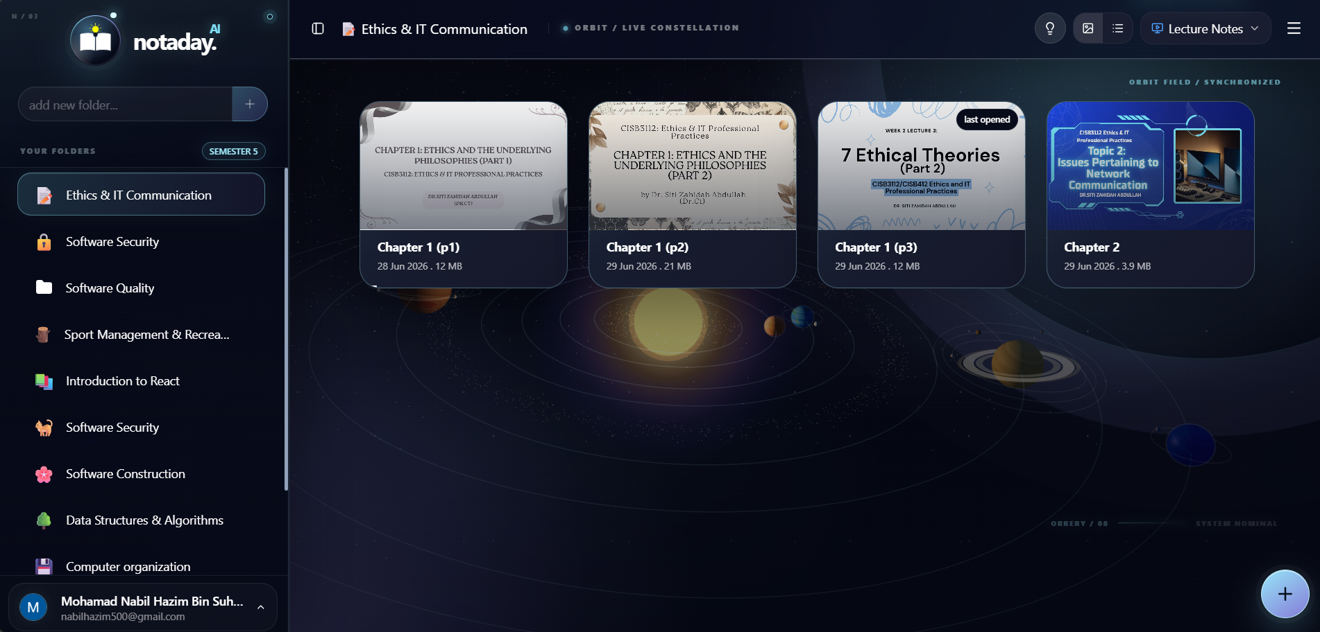 Notaday dashboard with organized study materials